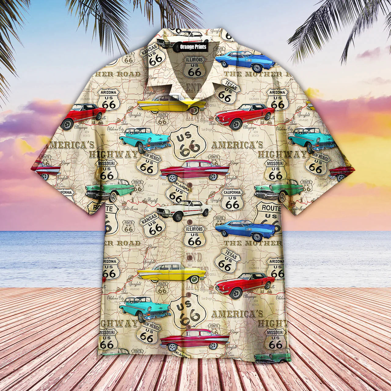 Vintage Muscle Car On Route 66 Aloha Trendy Hawaiian - Adult & Kids T-Shirts, Sweatshirts & Hoodies apparel design preview 1